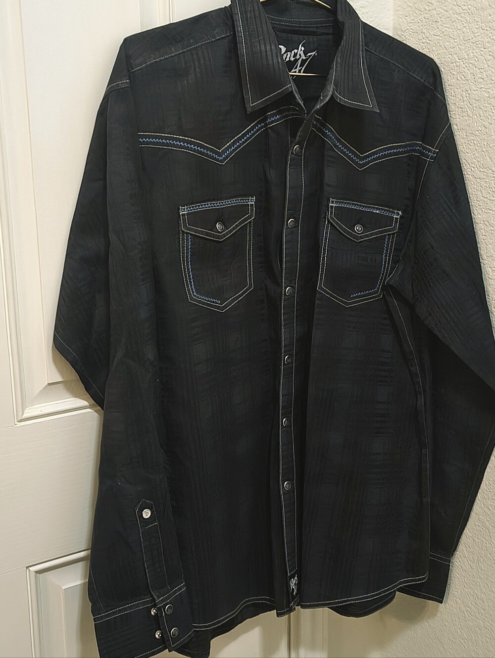Rock 47 by Wrangler Western Snap Pearl Shirt Black Contrast Stitch Men's XL